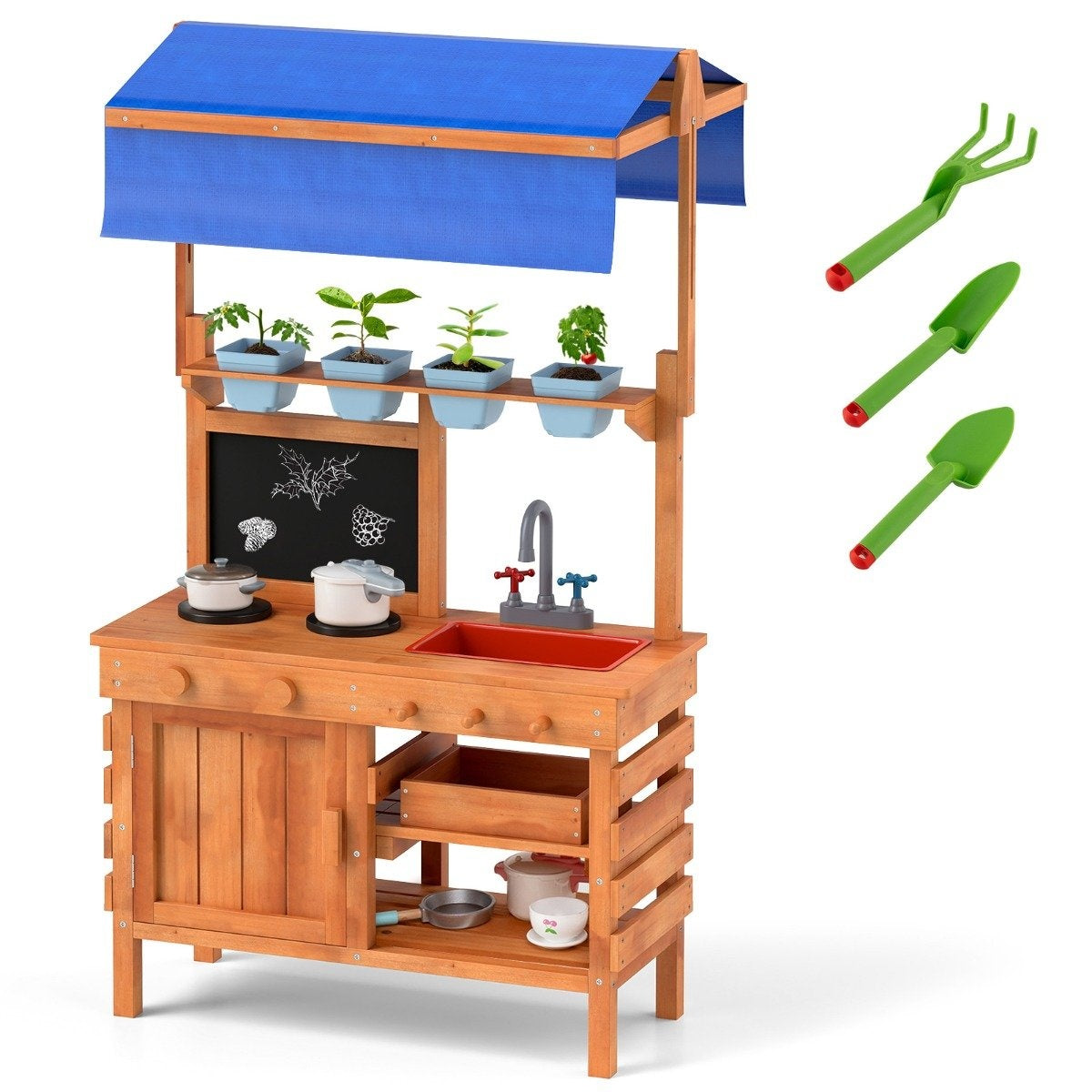 Mud kitchen for kids children's kitchen wood with height-adjustable sun canopy 77 x 52 x 135 cm