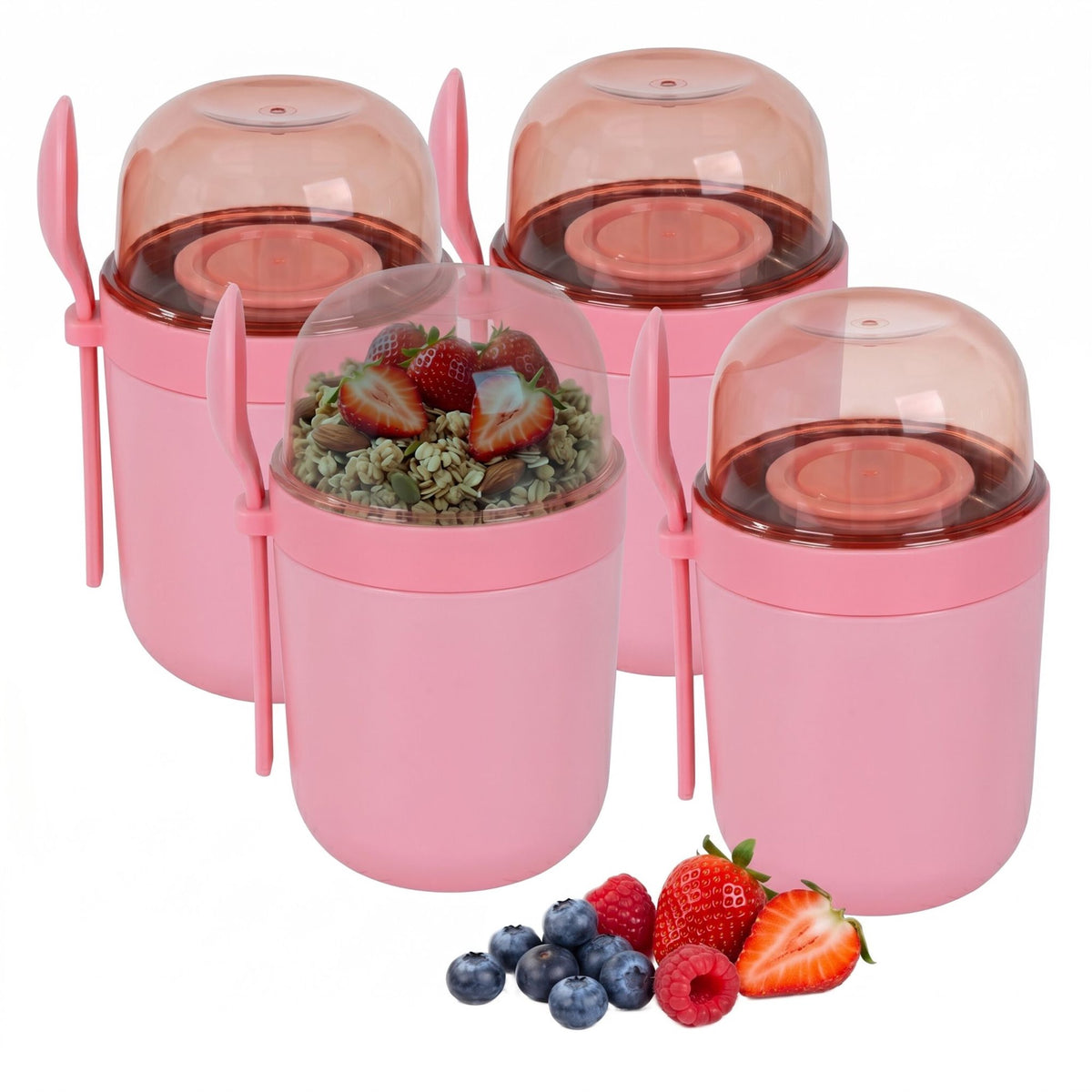 Muesli To-Go Cups with Spoon, 4-Pack, Pink