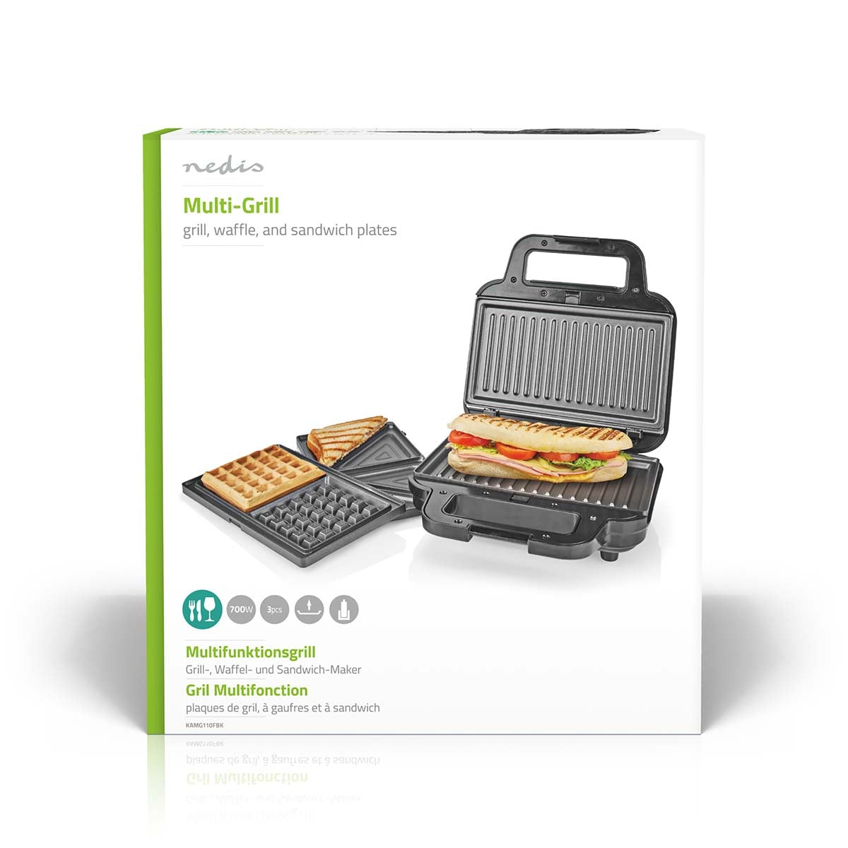 Multi Grill | Grill / Sandwich / Waffle | 700 W | 22 x 12.5 cm | Automatic temperature control | Plastic / Stainless steel