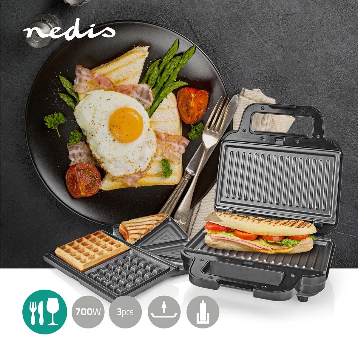 Multi Grill | Grill / Sandwich / Waffle | 700 W | 22 x 12.5 cm | Automatic temperature control | Plastic / Stainless steel