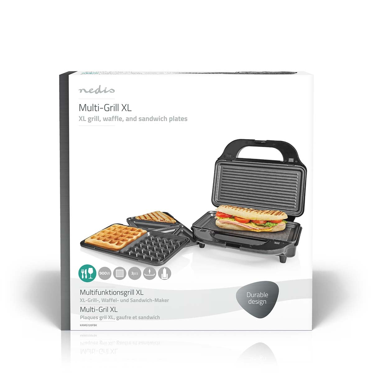 Multi Grill | Grill / Sandwich / Waffle | 900 W | 28 x 15 cm | Automatic temperature control | Plastic / Stainless steel