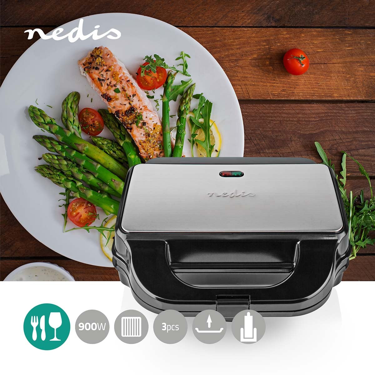 Multi Grill | Grill / Sandwich / Waffle | 900 W | 28 x 15 cm | Automatic temperature control | Plastic / Stainless steel