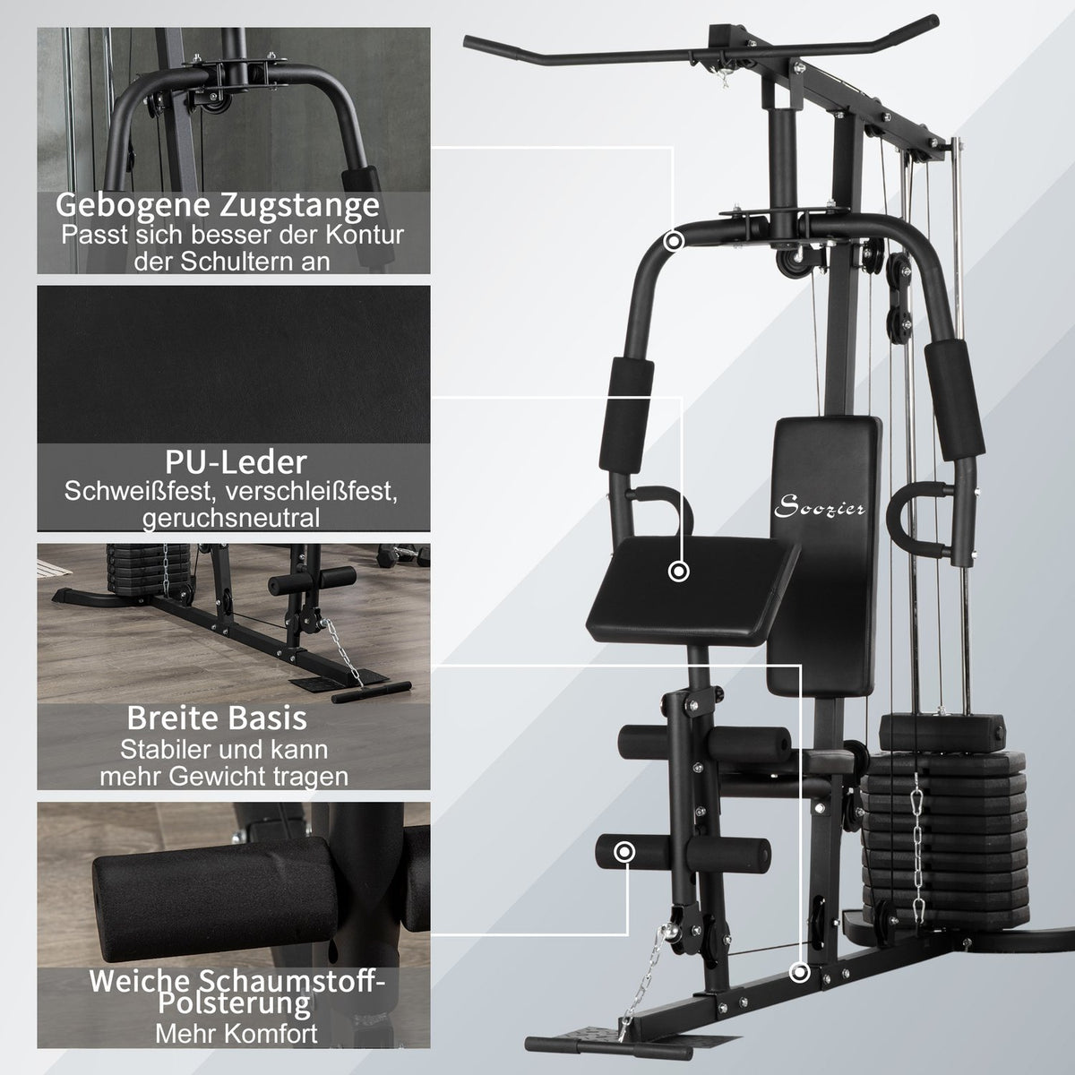 Multi-Gym Fitness Station With Lat Pull-Down And Butterfly Bar And 45 Kg Weights Strength Training Steel Faux Leather Black 180 X 108 X 200Cm