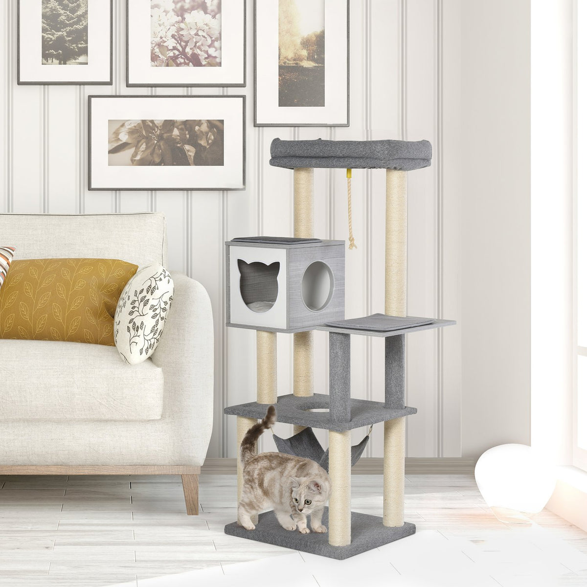 Multi-Tier Cat Scratching Post Climbing Tree, Multi-Activity Center, Hammock, Soft Cushion, E1, 59X48X155Cm