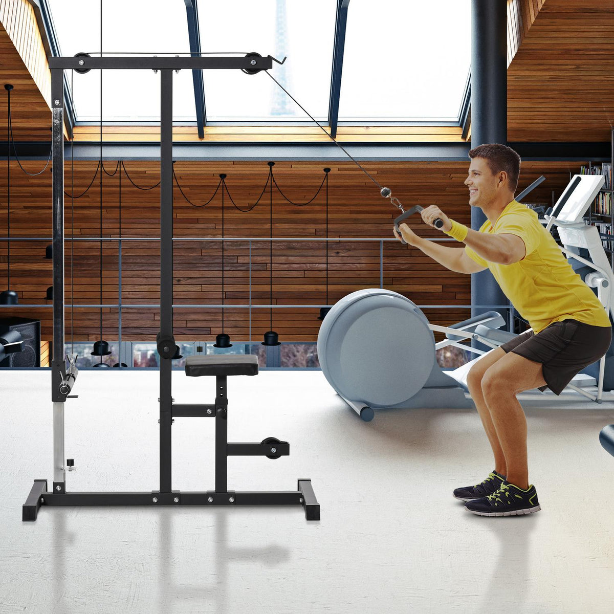 Multifunctional Fitness Station With Adjustable Seat & Pulley, Steel, Black, 107X120X190Cm