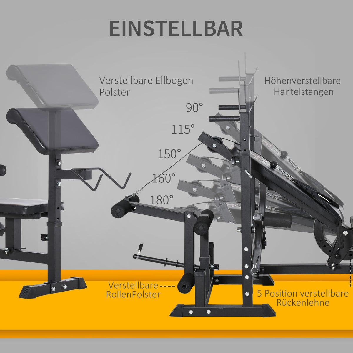 Multifunctional Weight Bench, Training Bench With Barbell Rack, Adjustable Incline Bench, Multi-Gym, Steel, Faux Leather, 210 X 110 X 103-123 Cm
