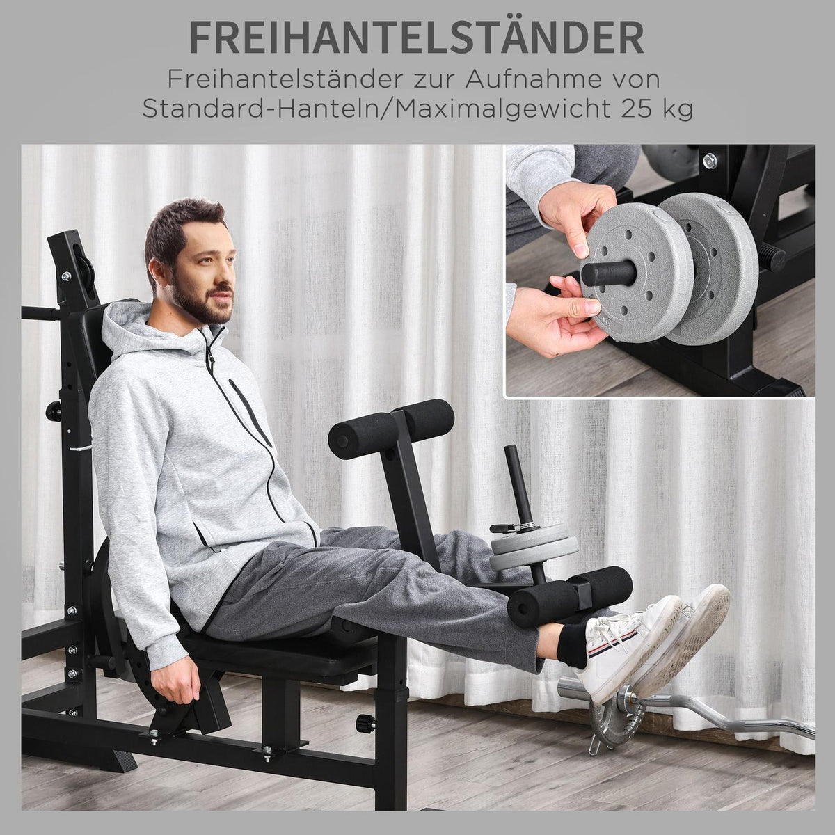 Multifunctional Weight Bench, Training Bench With Barbell Rack, Adjustable Incline Bench, Multi-Gym, Steel, Faux Leather, 210 X 110 X 103-123 Cm
