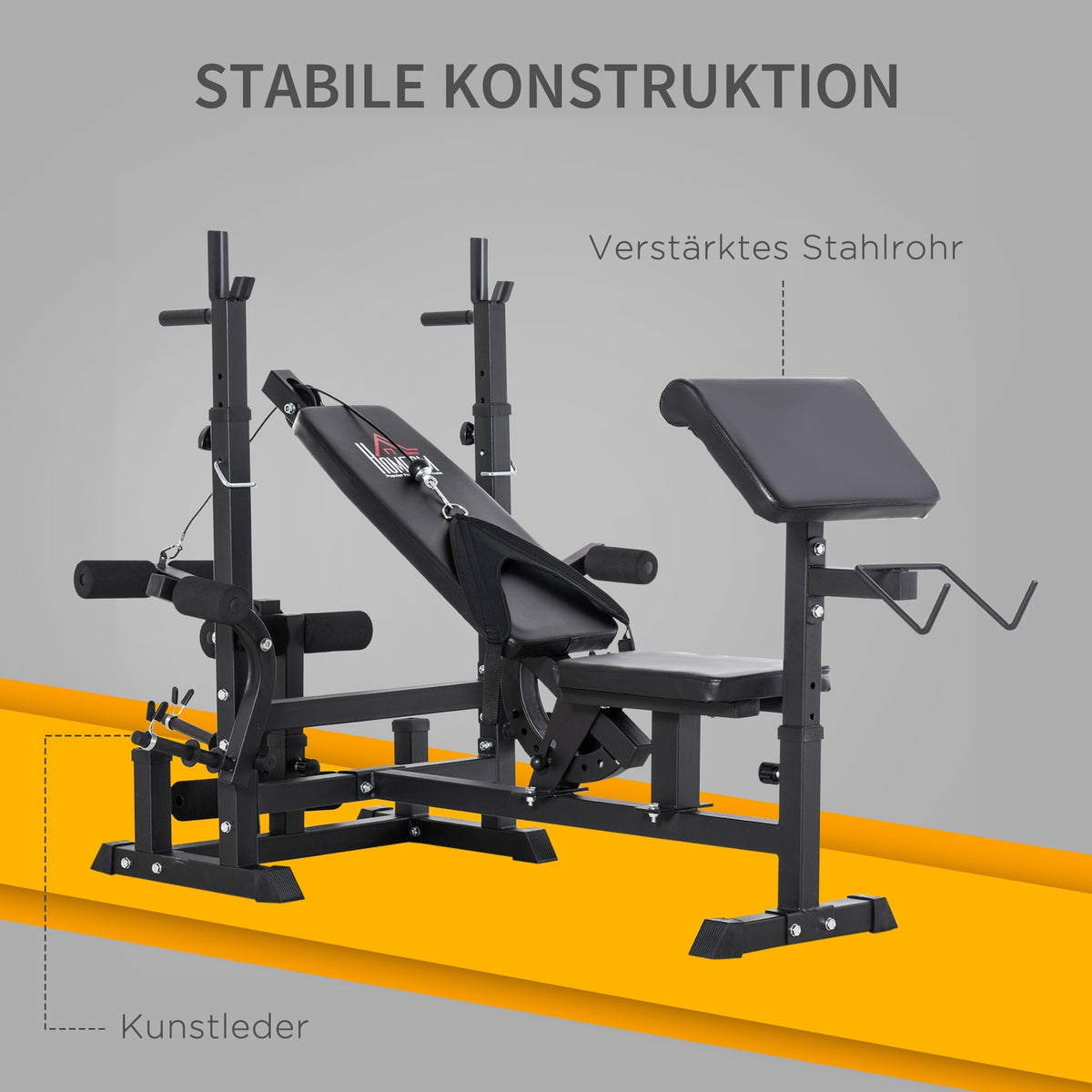 Multifunctional Weight Bench, Training Bench With Barbell Rack, Adjustable Incline Bench, Multi-Gym, Steel, Faux Leather, 210 X 110 X 103-123 Cm