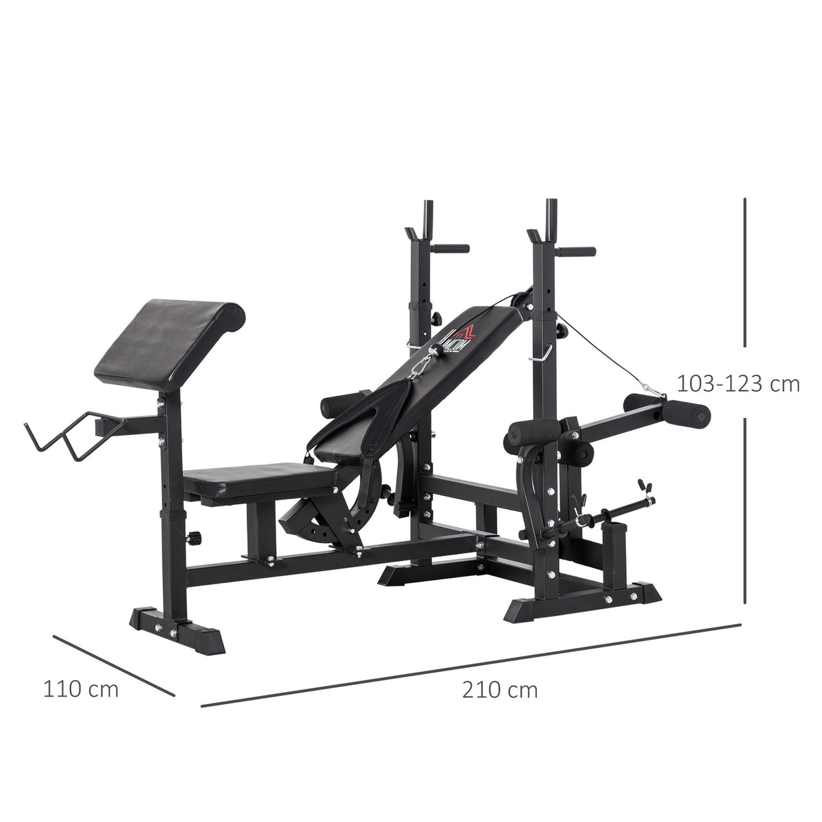 Multifunctional Weight Bench, Training Bench With Barbell Rack, Adjustable Incline Bench, Multi-Gym, Steel, Faux Leather, 210 X 110 X 103-123 Cm