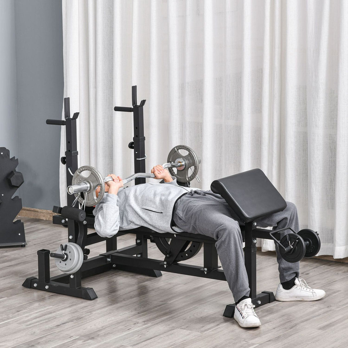 Multifunctional Weight Bench, Training Bench With Barbell Rack, Adjustable Incline Bench, Multi-Gym, Steel, Faux Leather, 210 X 110 X 103-123 Cm