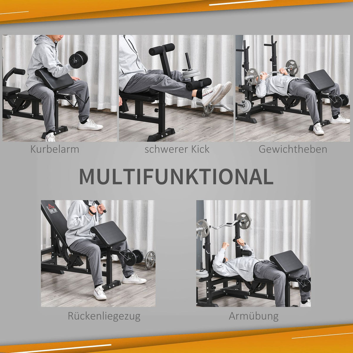Multifunctional Weight Bench, Training Bench With Barbell Rack, Adjustable Incline Bench, Multi-Gym, Steel, Faux Leather, 210 X 110 X 103-123 Cm