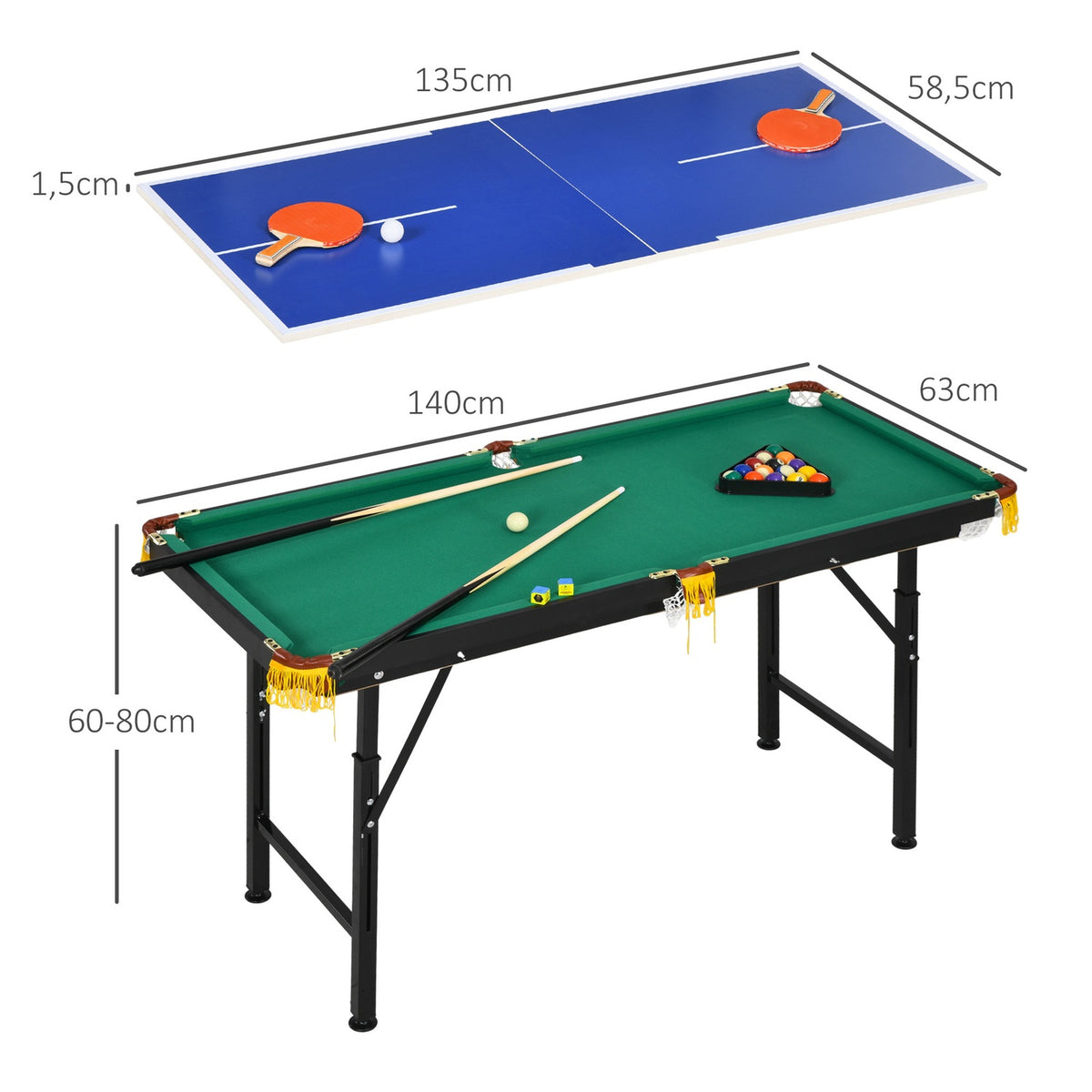 Multigame Game Table 2-In-1 Multifunctional Table Table Tennis Billiards Accessories Children Teenagers Adults Steel 140X63X60-80Cm Green