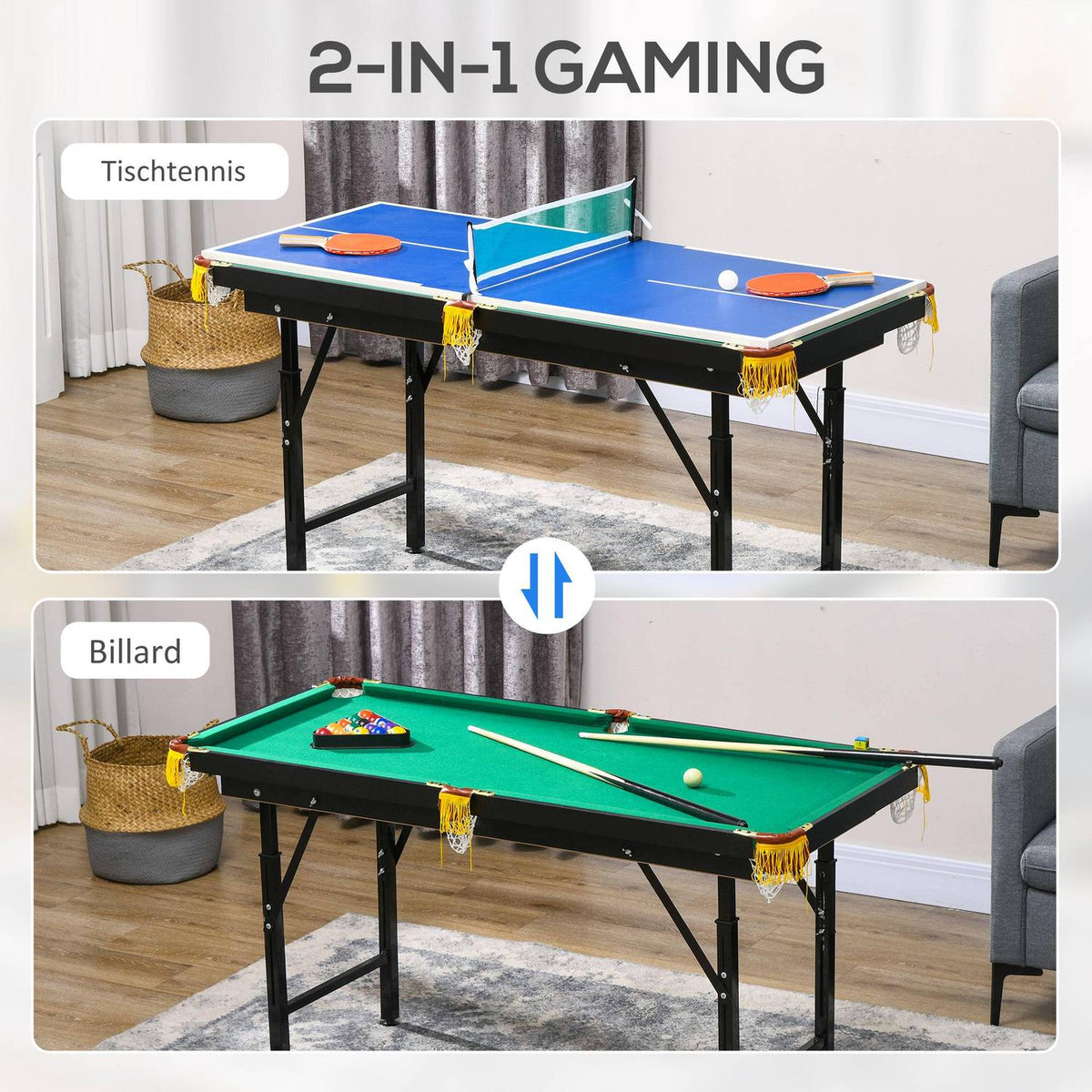 Multigame Game Table 2-In-1 Multifunctional Table Table Tennis Billiards Accessories Children Teenagers Adults Steel 140X63X60-80Cm Green