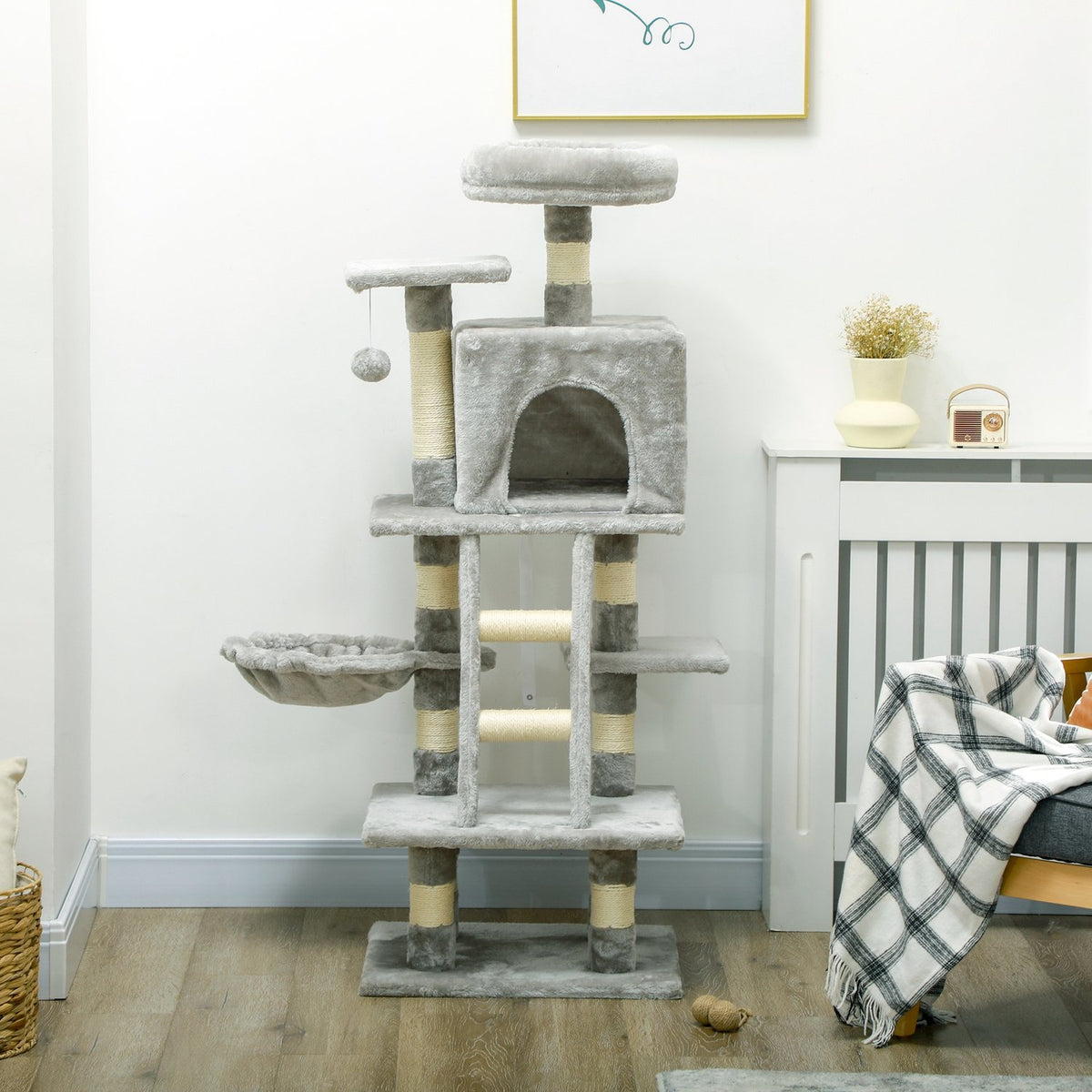Multi-tiered scratching post, cat tree with cat cave, hammock, basket, climbing tree, up to 4.5 kg, sisal, gray
