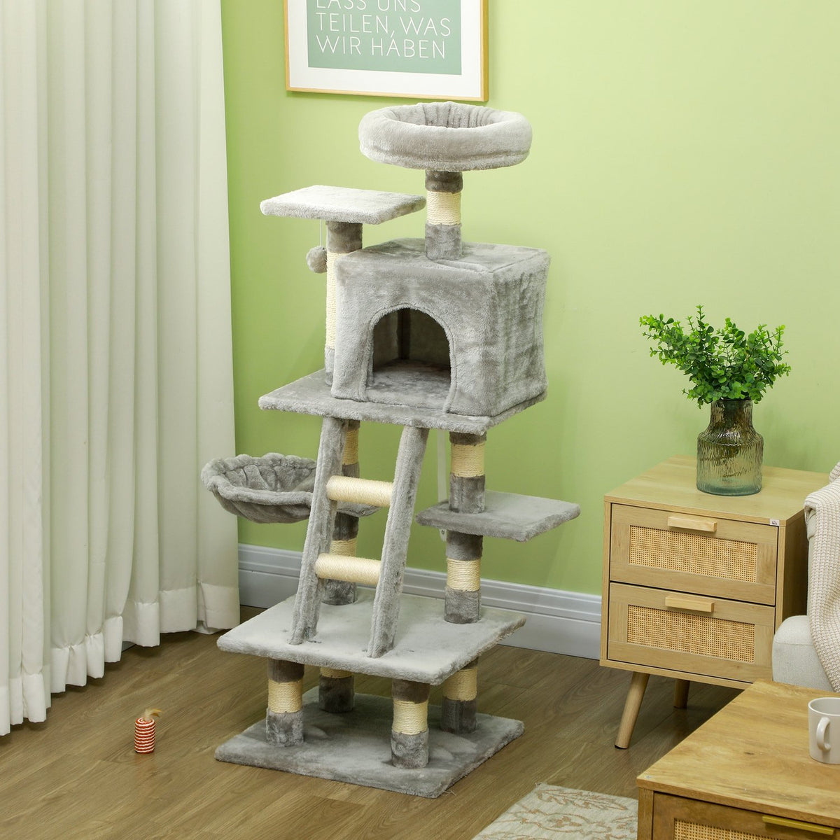 Multi-tiered scratching post, cat tree with cat cave, hammock, basket, climbing tree, up to 4.5 kg, sisal, gray