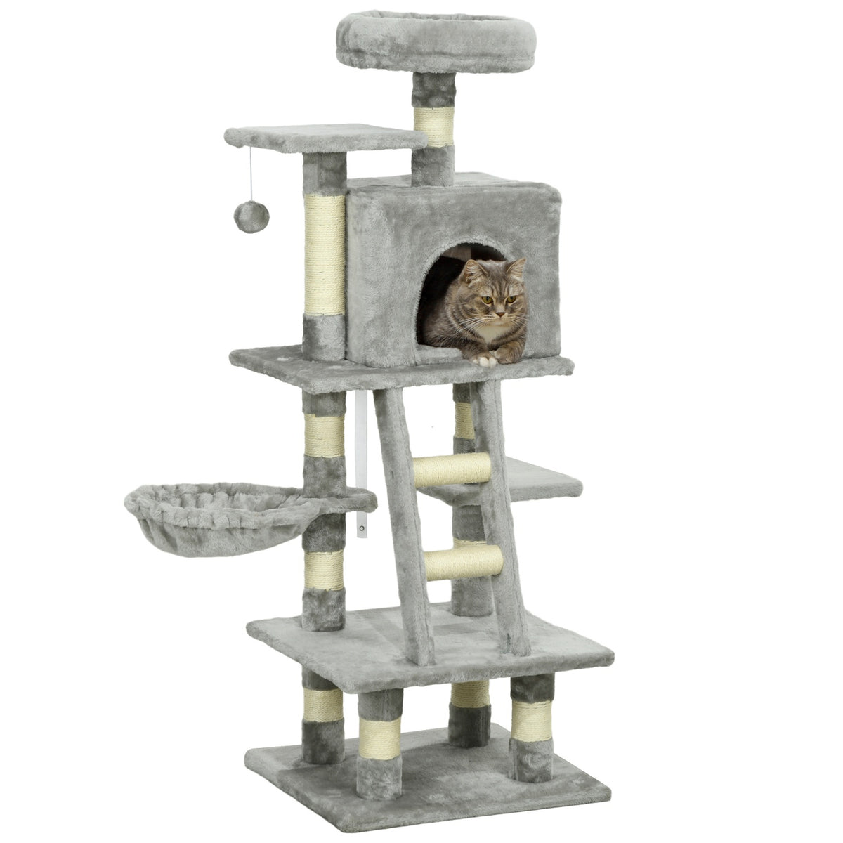 Multi-tiered scratching post, cat tree with cat cave, hammock, basket, climbing tree, up to 4.5 kg, sisal, gray