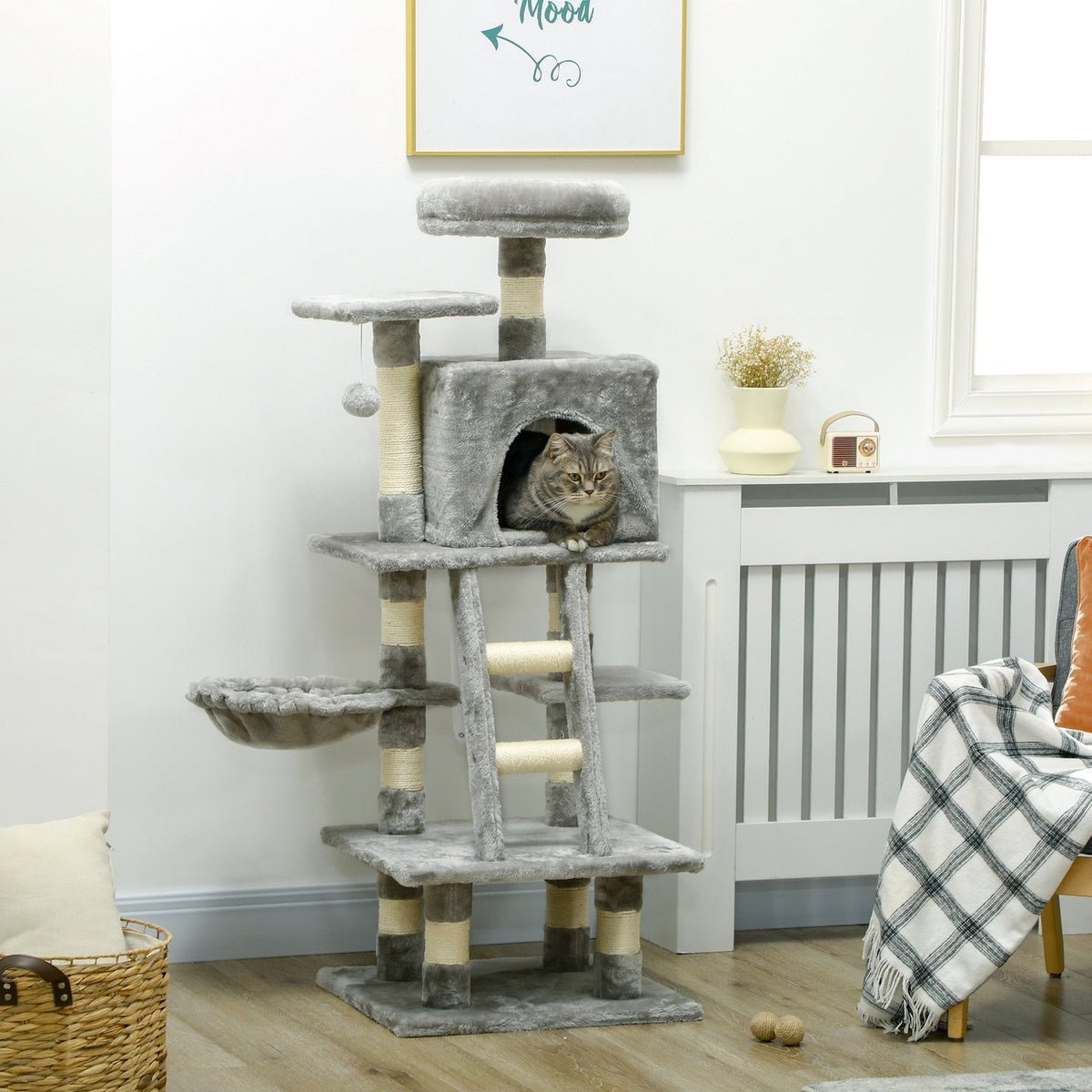 Multi-tiered scratching post, cat tree with cat cave, hammock, basket, climbing tree, up to 4.5 kg, sisal, gray