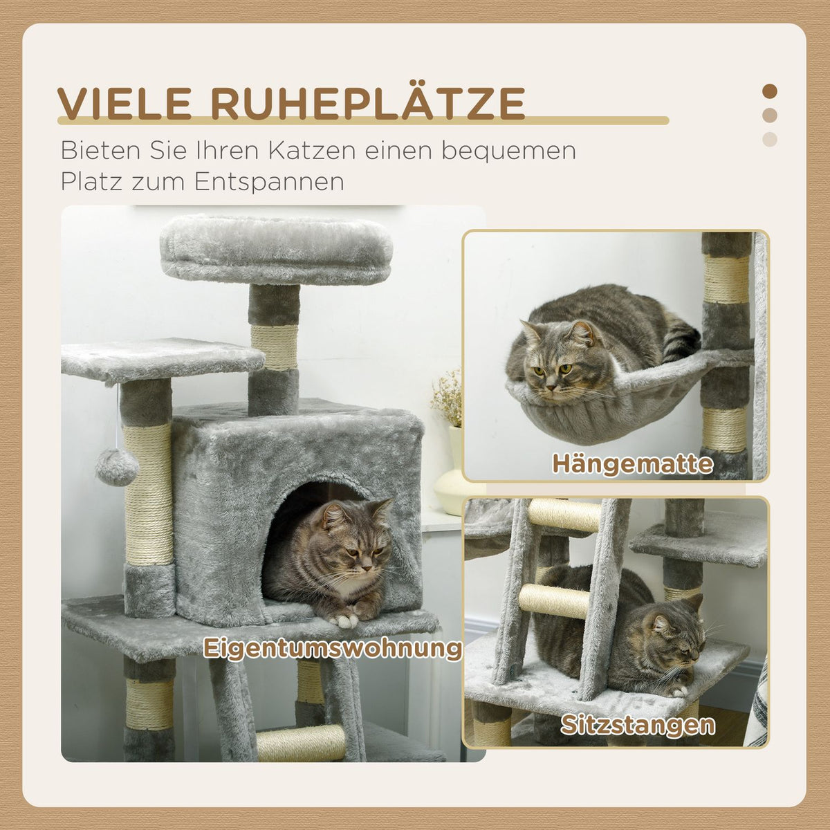 Multi-tiered scratching post, cat tree with cat cave, hammock, basket, climbing tree, up to 4.5 kg, sisal, gray