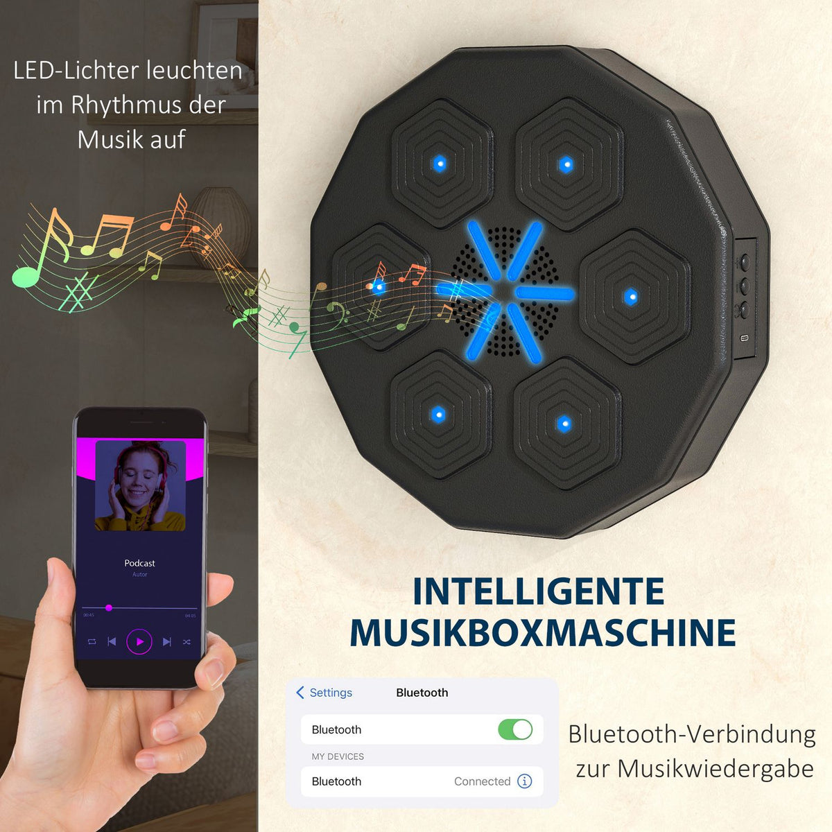 Music Boxing Machine, Electronic Bluetooth Boxing Machine with Music, LED, Wall Mounted Smart Boxing Target for Adults, Home Exercise