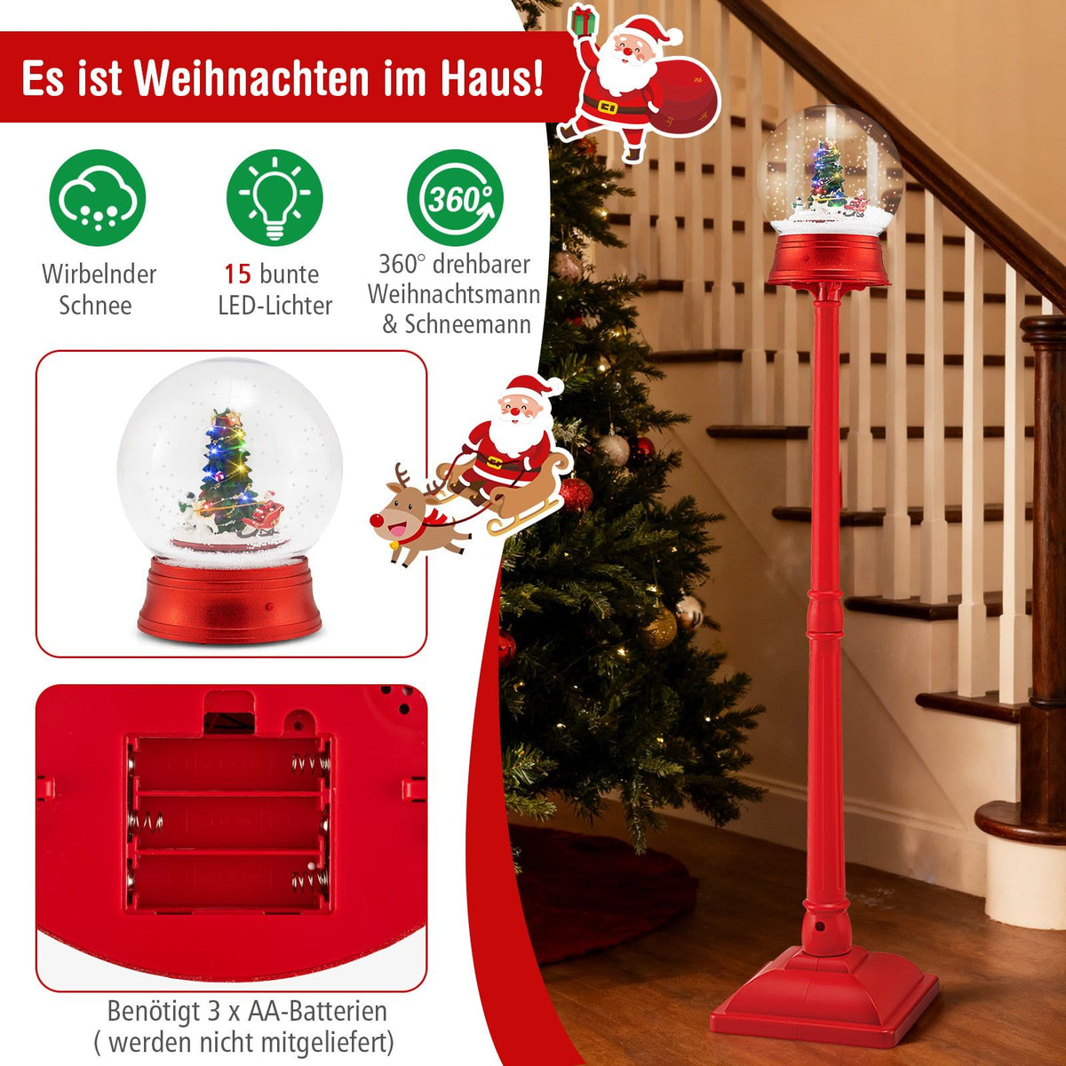 Musical Christmas Lantern with Snow Globe, 8 Melodies, 153 cm