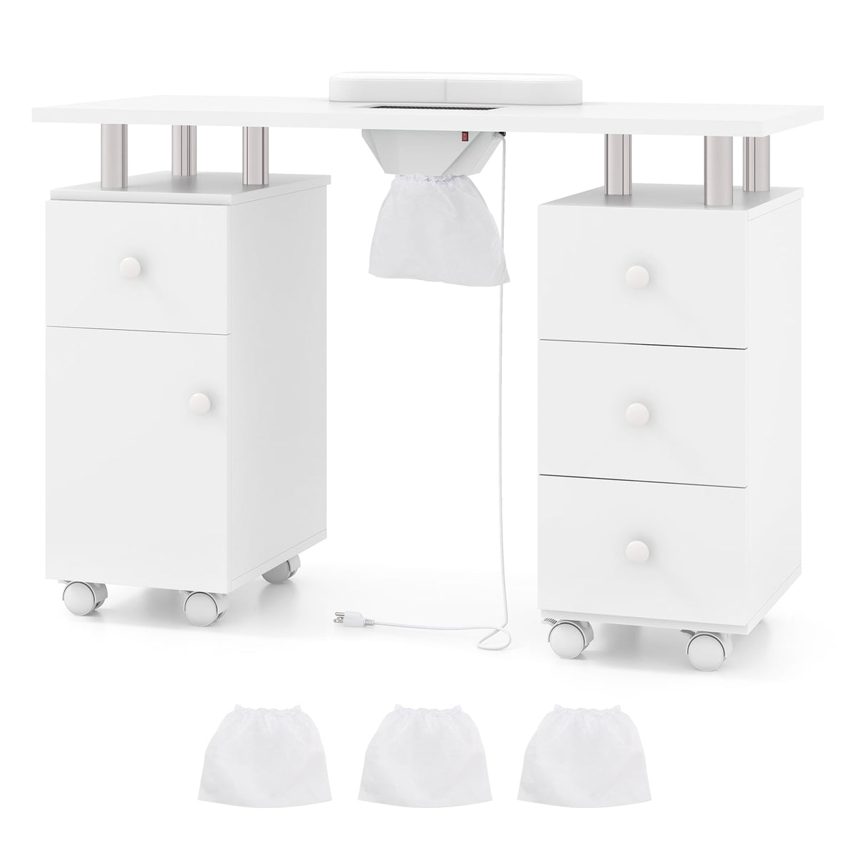 Nail Table with Electric Dust Collector & Storage, White