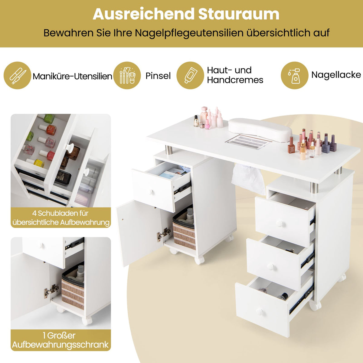 Nail Table with Electric Dust Collector & Storage, White