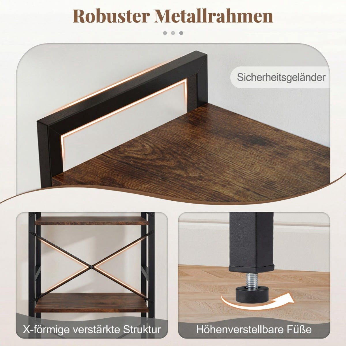 Narrow 4-Tier Metal Bookshelf, Rustic Brown, 41.5x27.5x100 cm