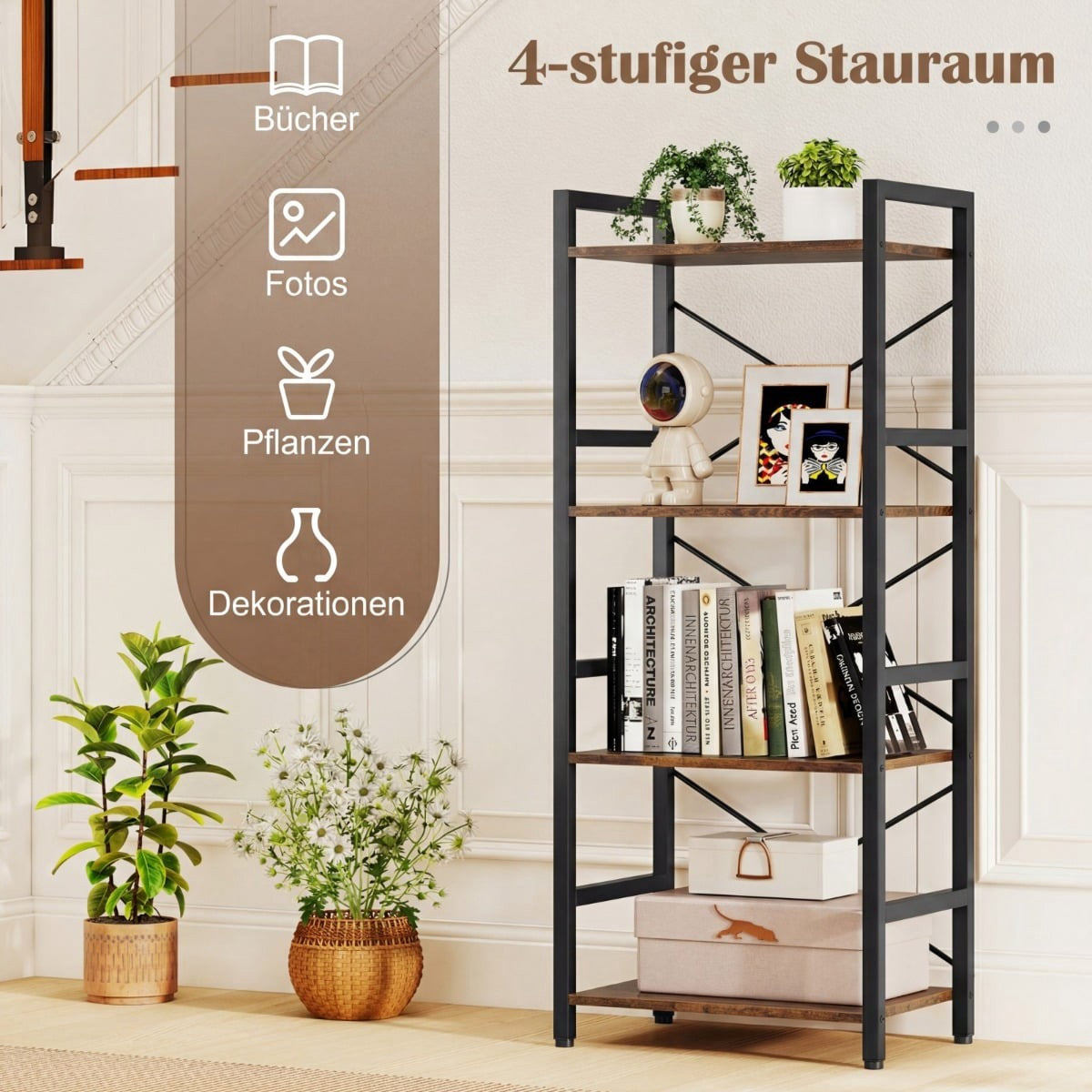 Narrow 4-Tier Metal Bookshelf, Rustic Brown, 41.5x27.5x100 cm