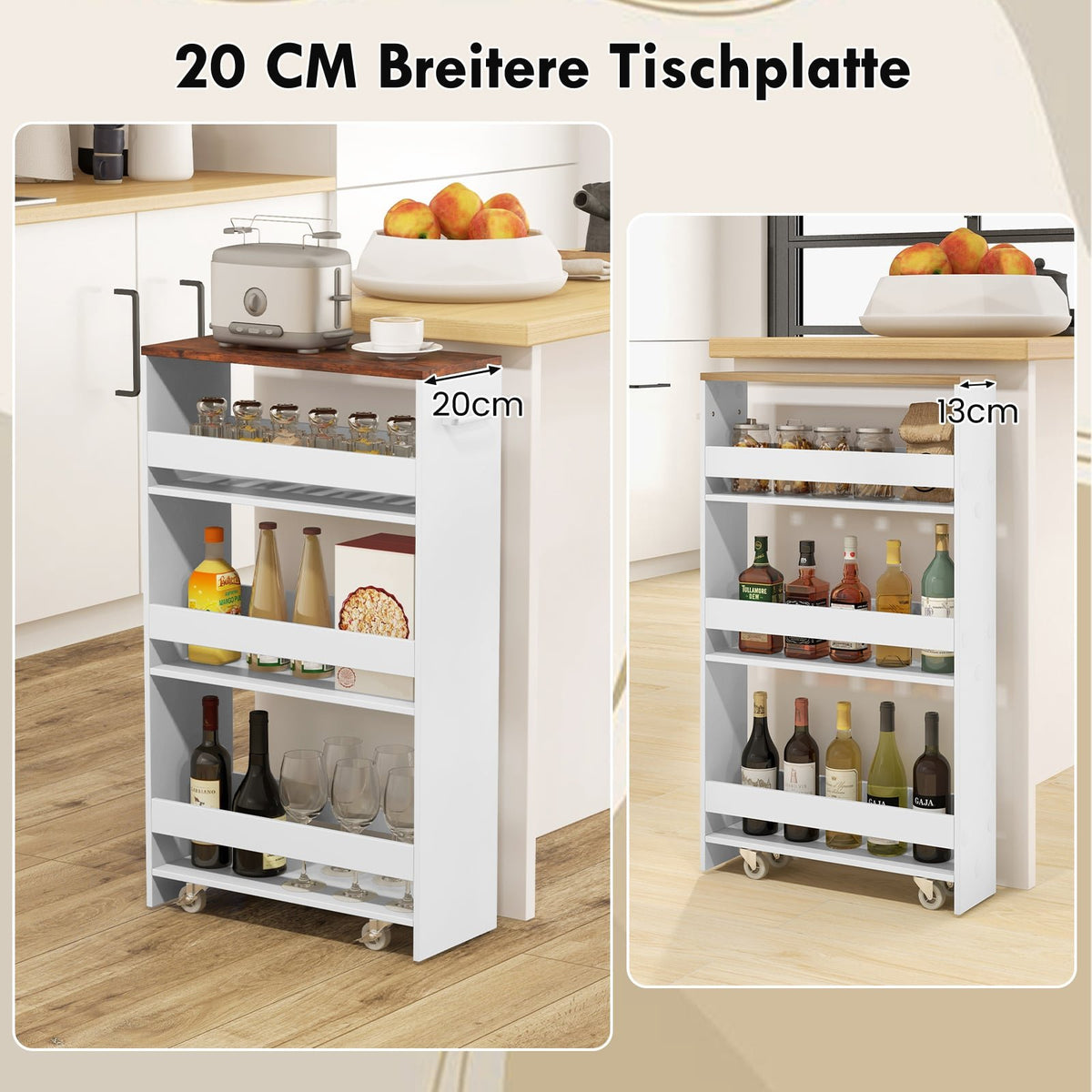 Narrow 4-Tier Rolling Kitchen Cart, 20 cm Wide, White