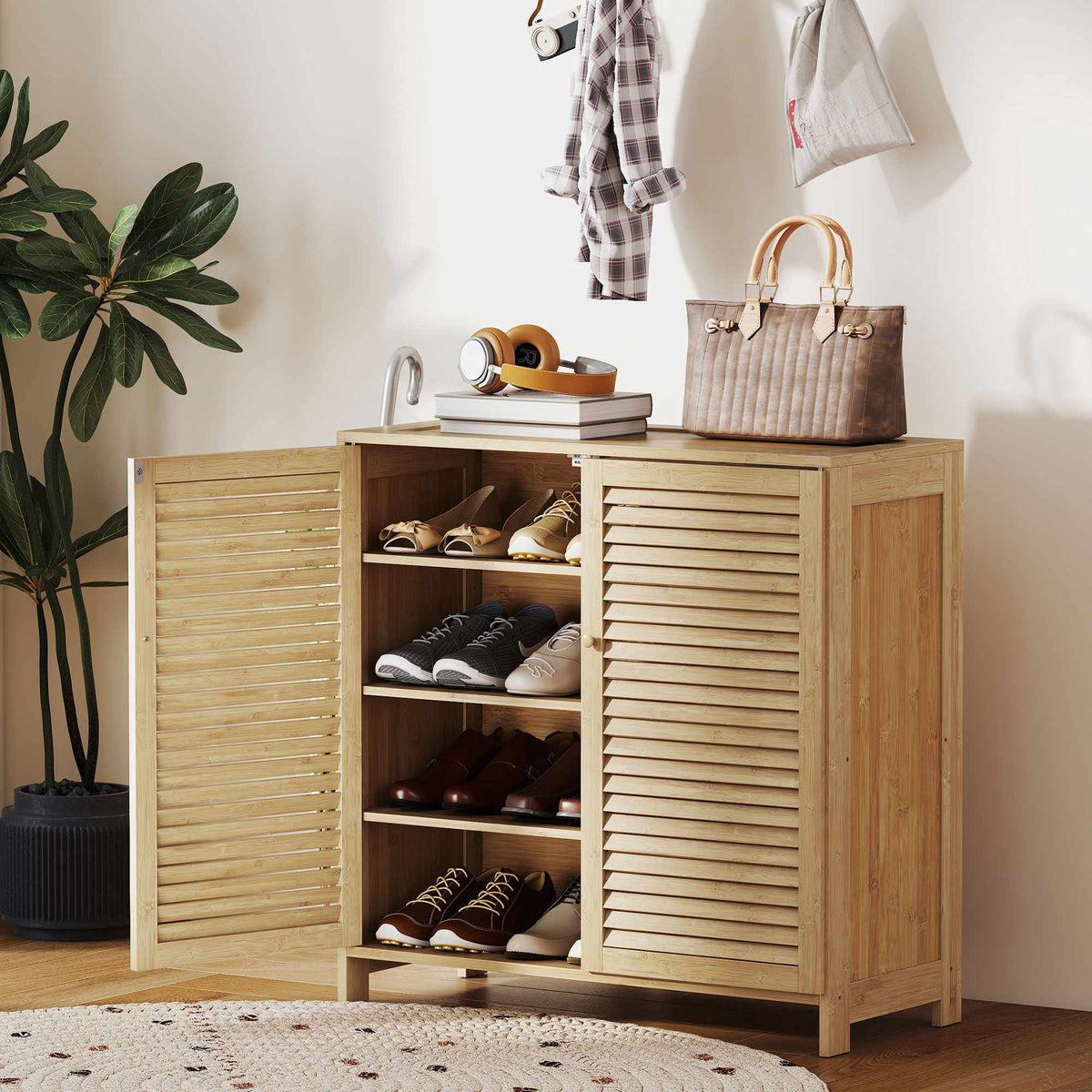 Narrow Bamboo Shoe Cabinet with Adjustable Shelves