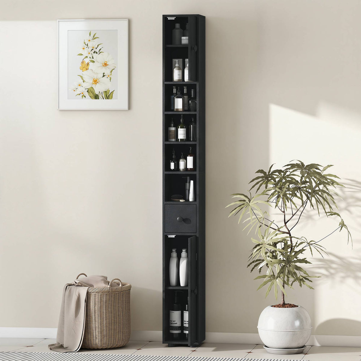 Narrow Bathroom Cabinet, 180cm Tall, Black