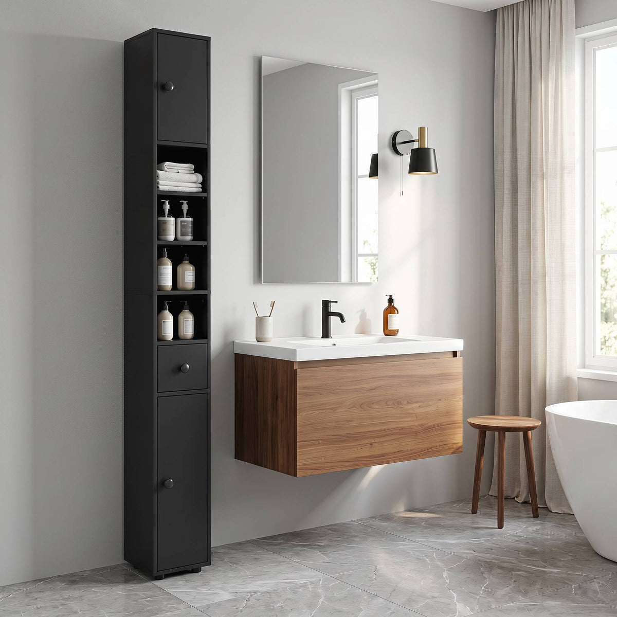 Narrow Bathroom Cabinet, 180cm Tall, Black