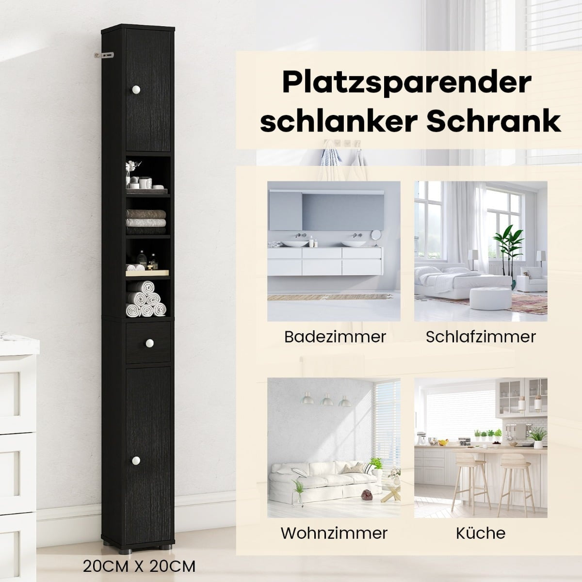 Narrow Bathroom Cabinet with Adjustable Shelves, Black MDF
