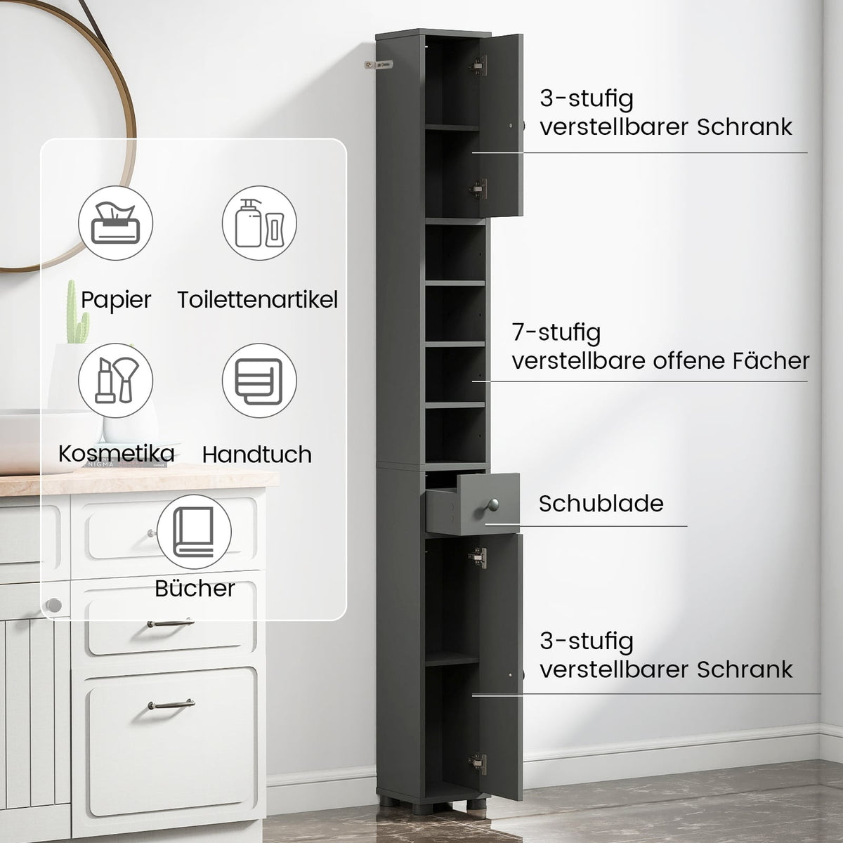 Narrow Bathroom Cabinet with Adjustable Shelves, Gray