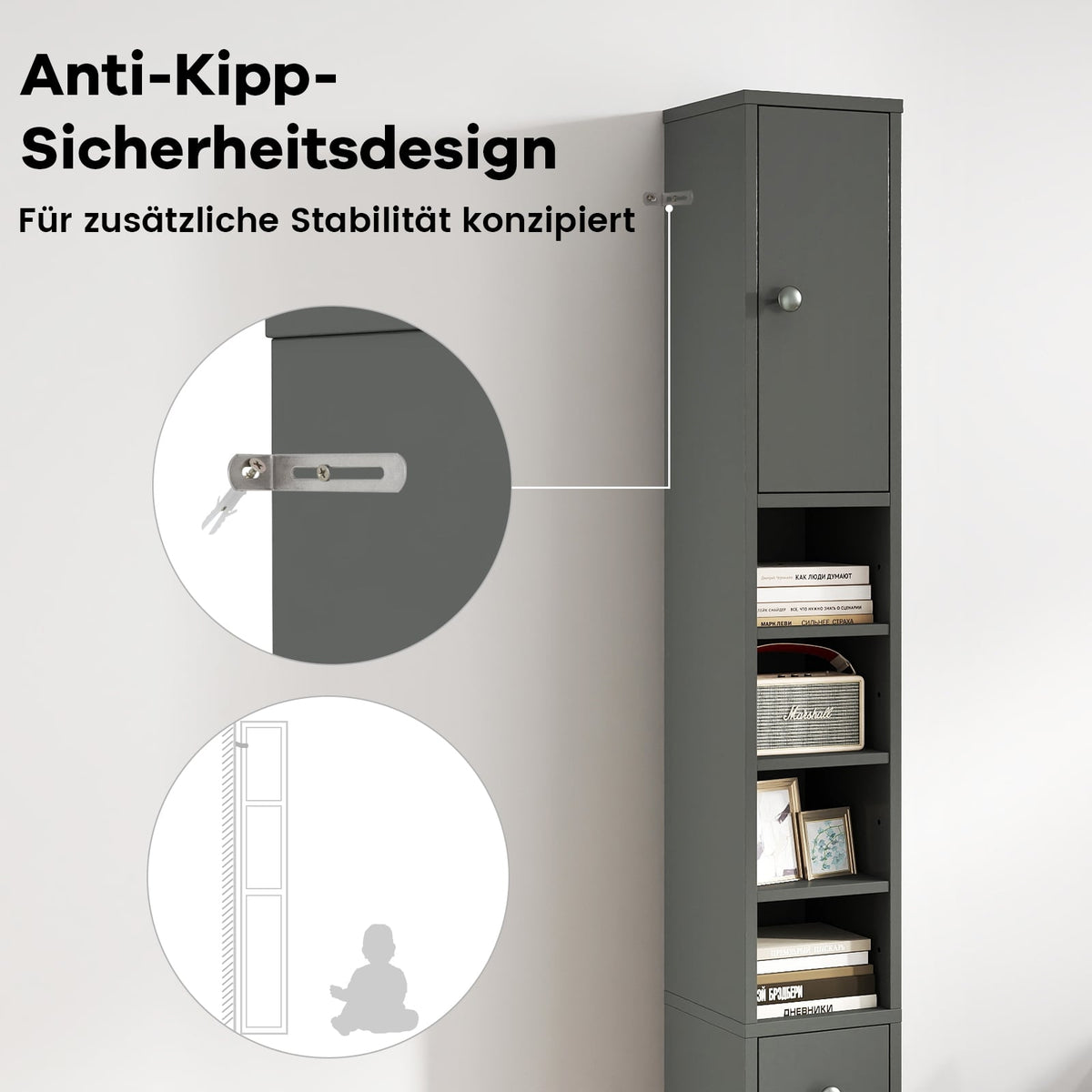 Narrow Bathroom Cabinet with Adjustable Shelves, Gray