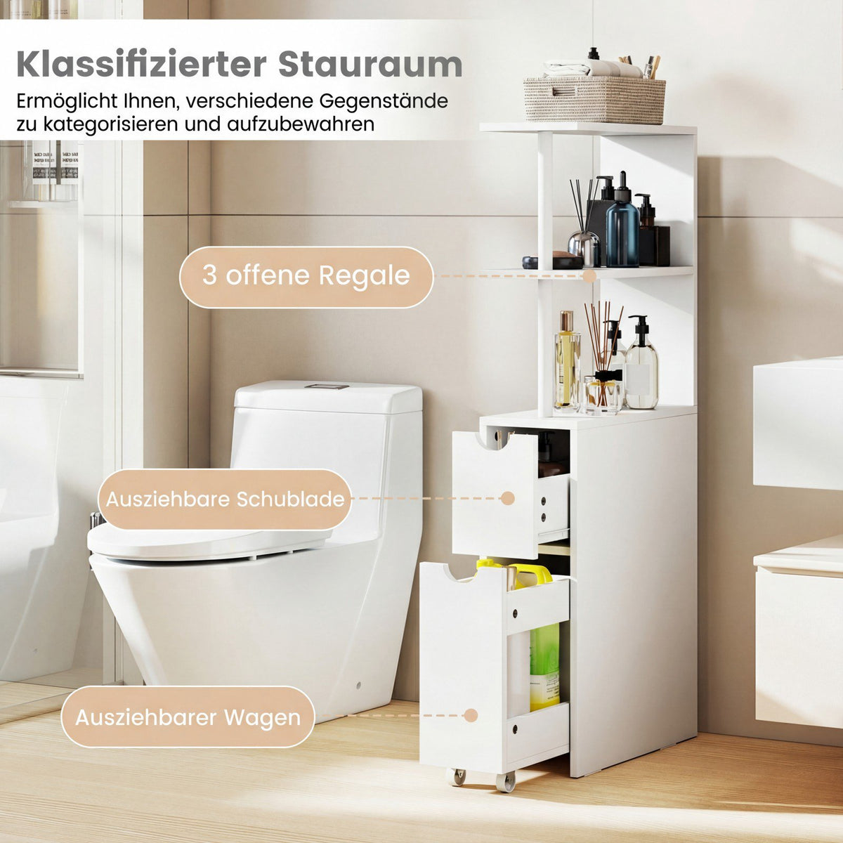 Narrow Bathroom Cabinet with Shelves & Drawer, 45x20x114 cm