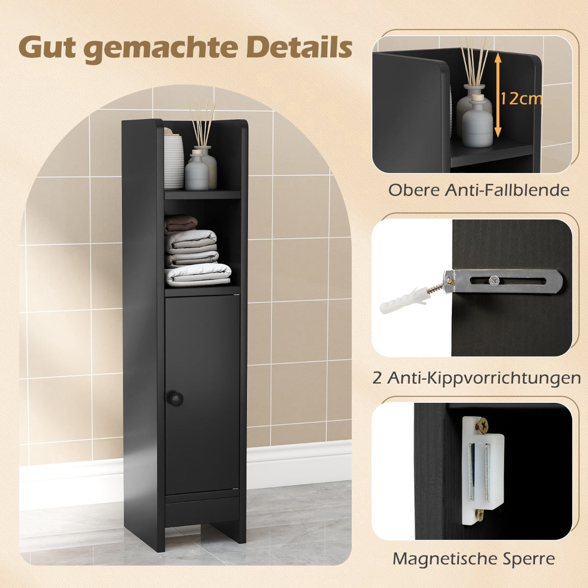 Narrow Bathroom Cabinet with Shelves and Adjustable Storage