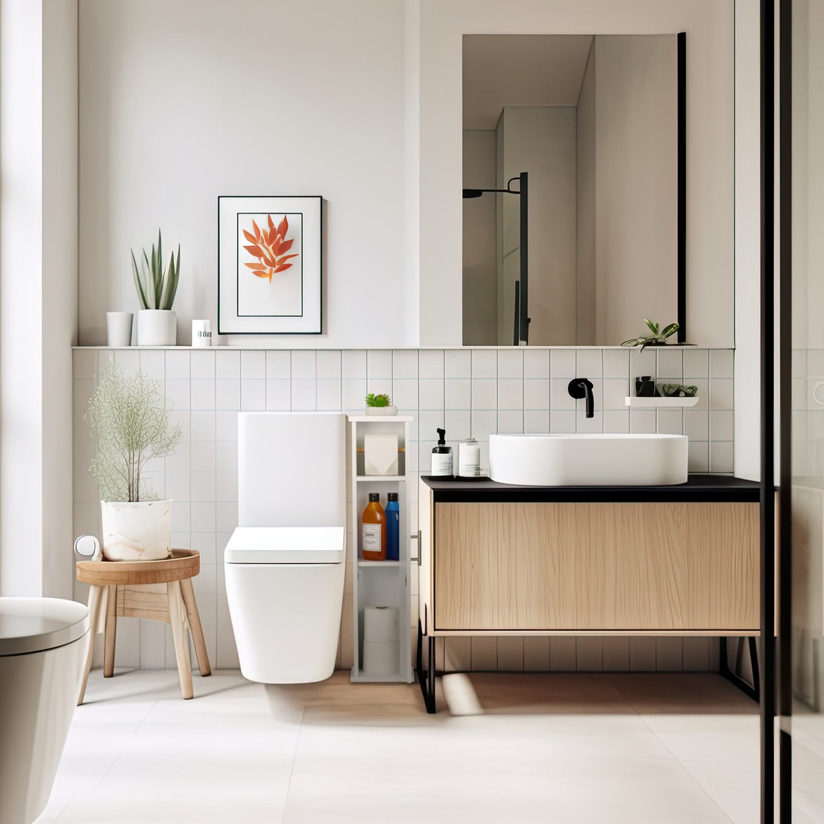 Narrow Bathroom Cabinet with Toilet Paper Holder