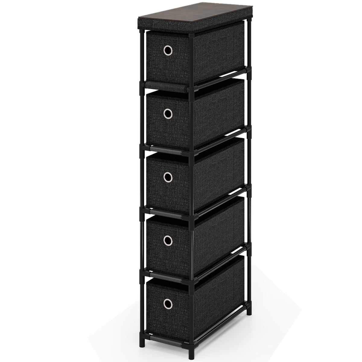 Narrow Black Storage Tower with 5 Drawers, Metal Frame