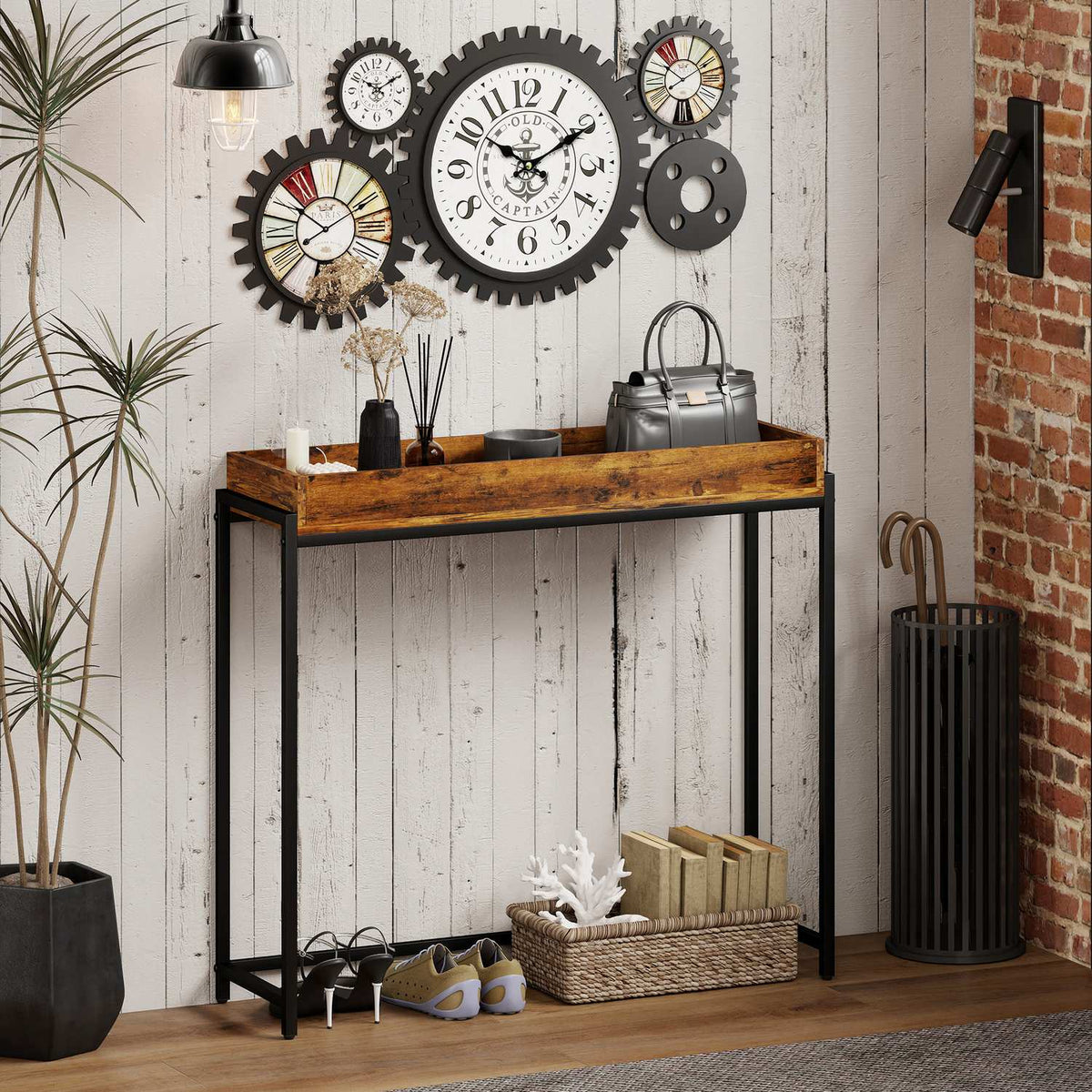 Narrow Console Table, Metal & Chipboard, Rustic Brown