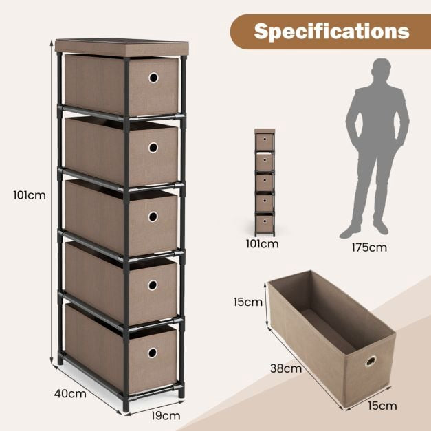 Narrow Dresser, 5 Drawers, Metal Frame, Wood Top