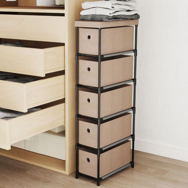 Narrow Dresser, 5 Drawers, Metal Frame, Wood Top