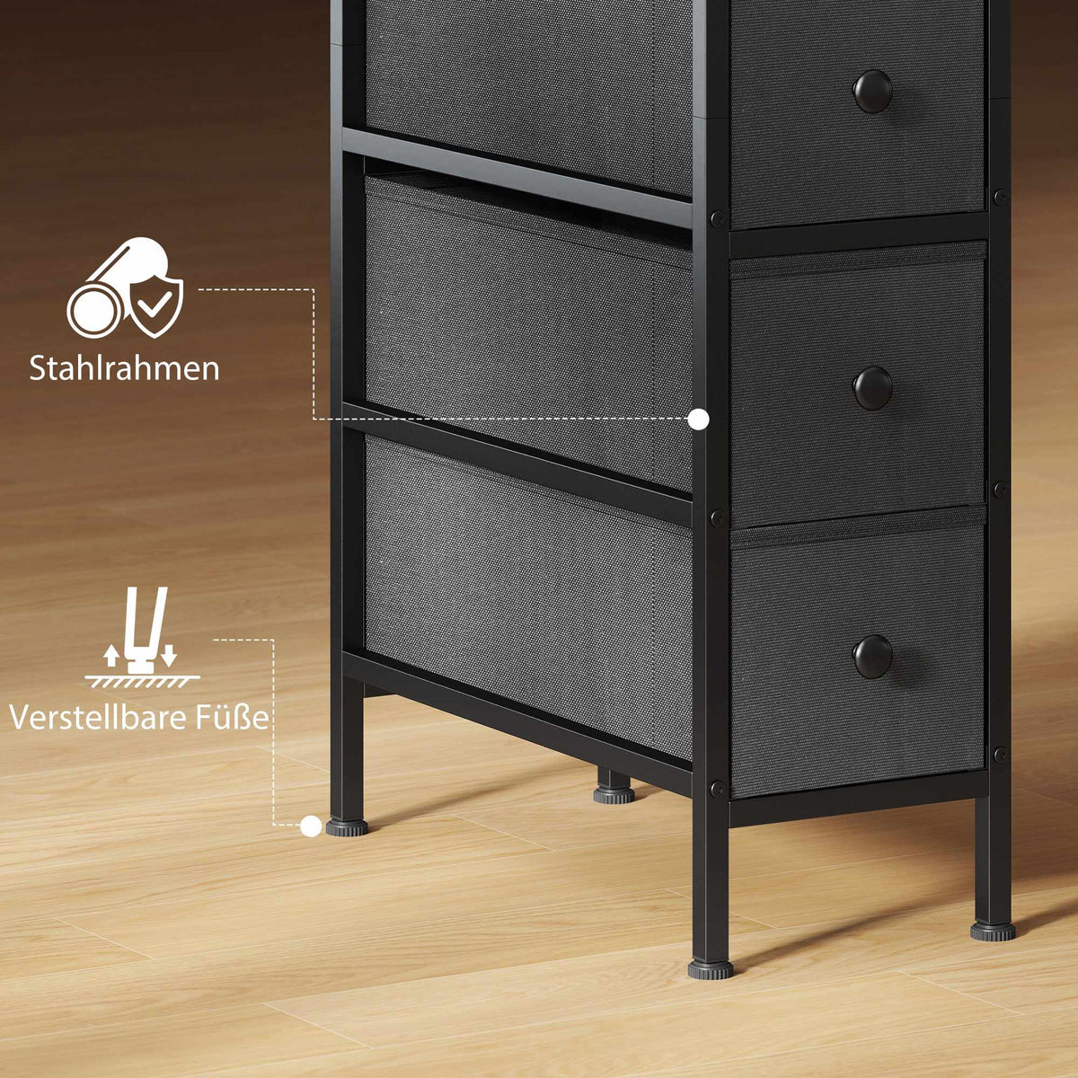 Narrow Fabric Dresser with 4 Drawers, Black, 20x43x81.5 cm