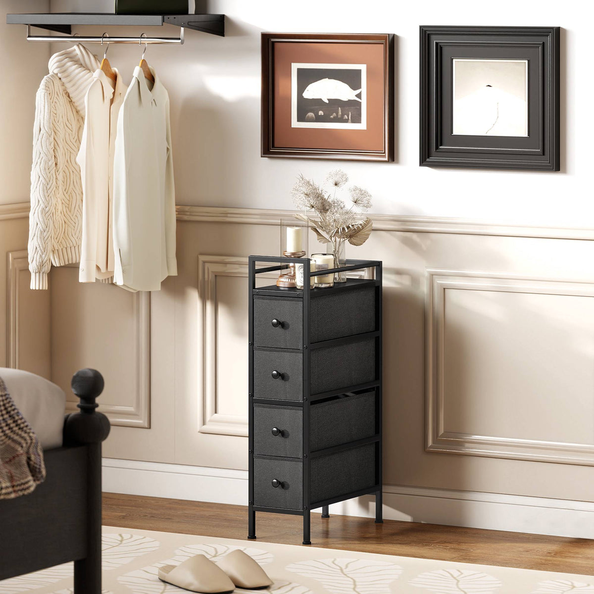 Narrow Fabric Dresser with 4 Drawers, Black, 20x43x81.5 cm