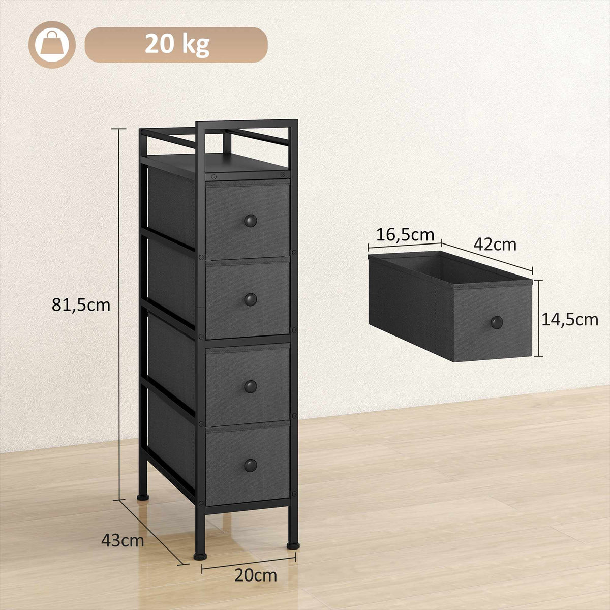 Narrow Fabric Dresser with 4 Drawers, Black, 20x43x81.5 cm