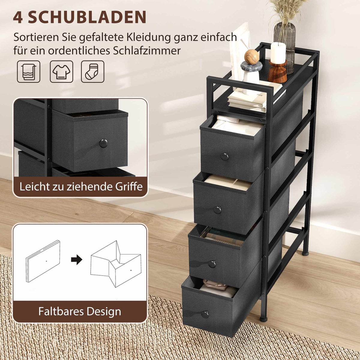 Narrow Fabric Dresser with 4 Drawers, Black, 20x43x81.5 cm