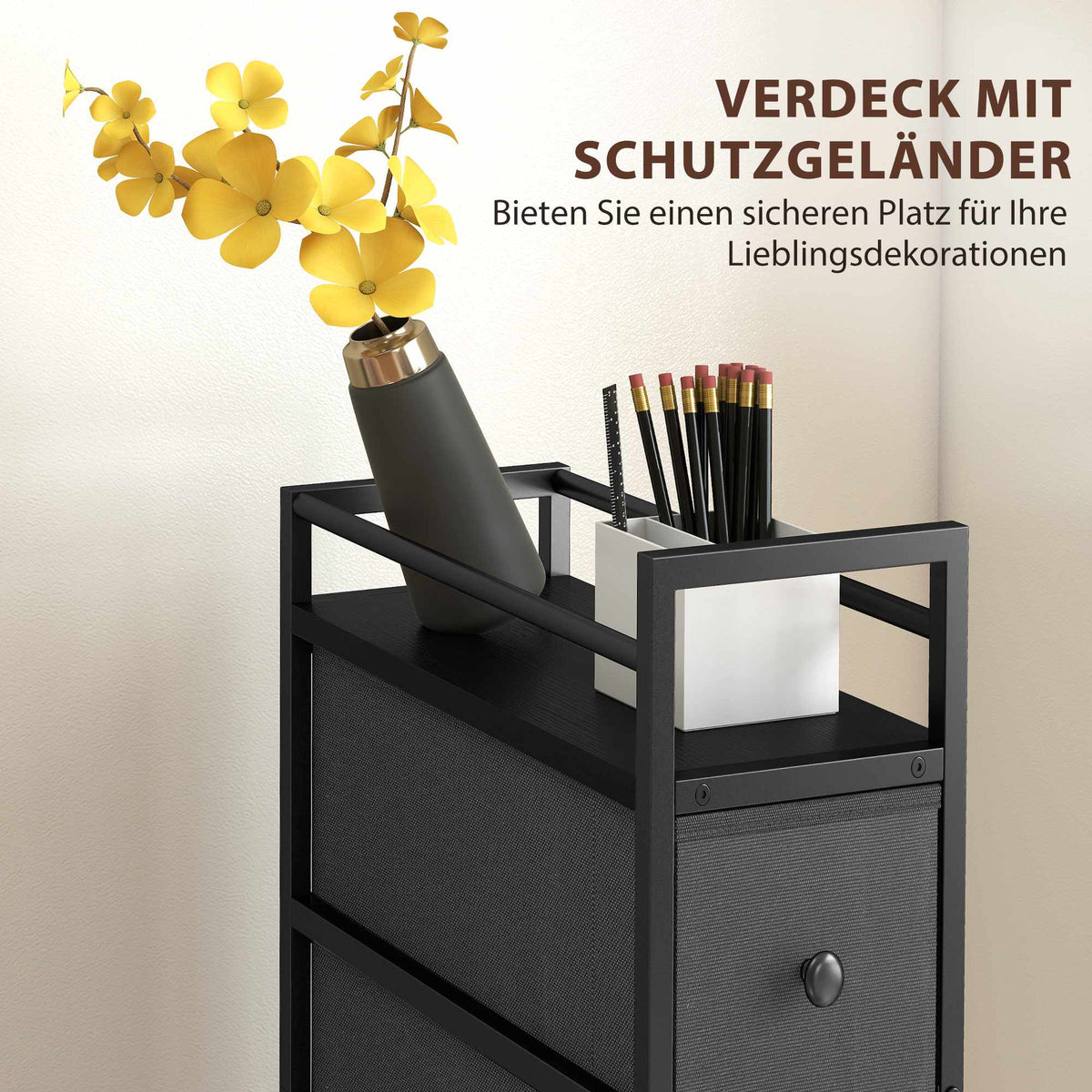Narrow Fabric Dresser with 4 Drawers, Black, 20x43x81.5 cm