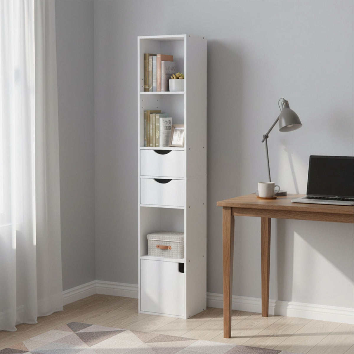 Narrow Freestanding Bookcase with Drawers and Cupboard