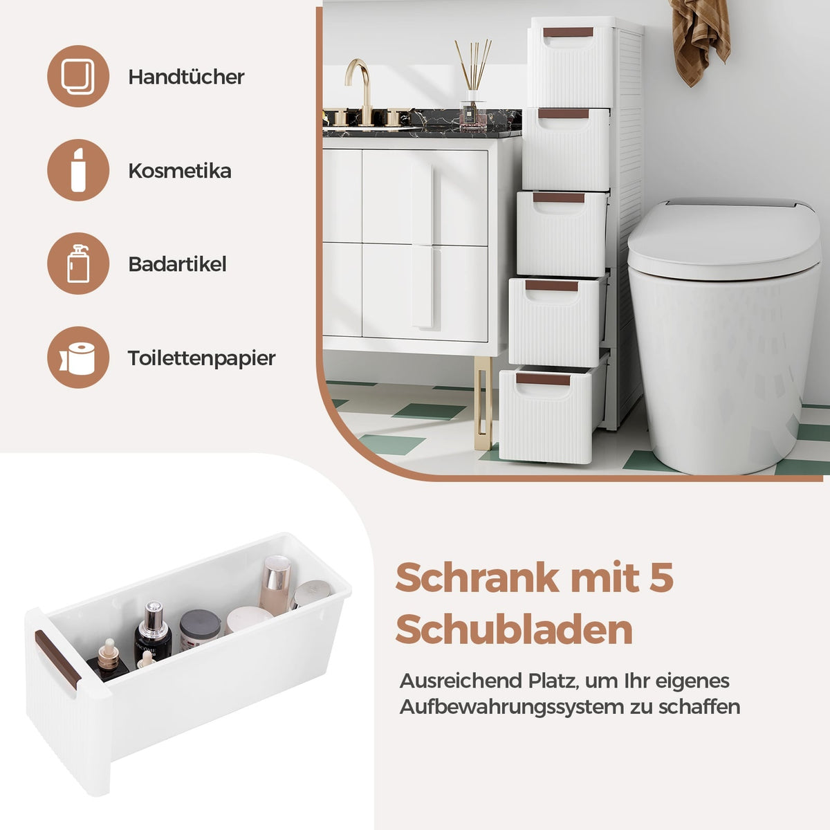 Narrow Rolling Storage Cart, 5 Drawers, 20cm Wide, White