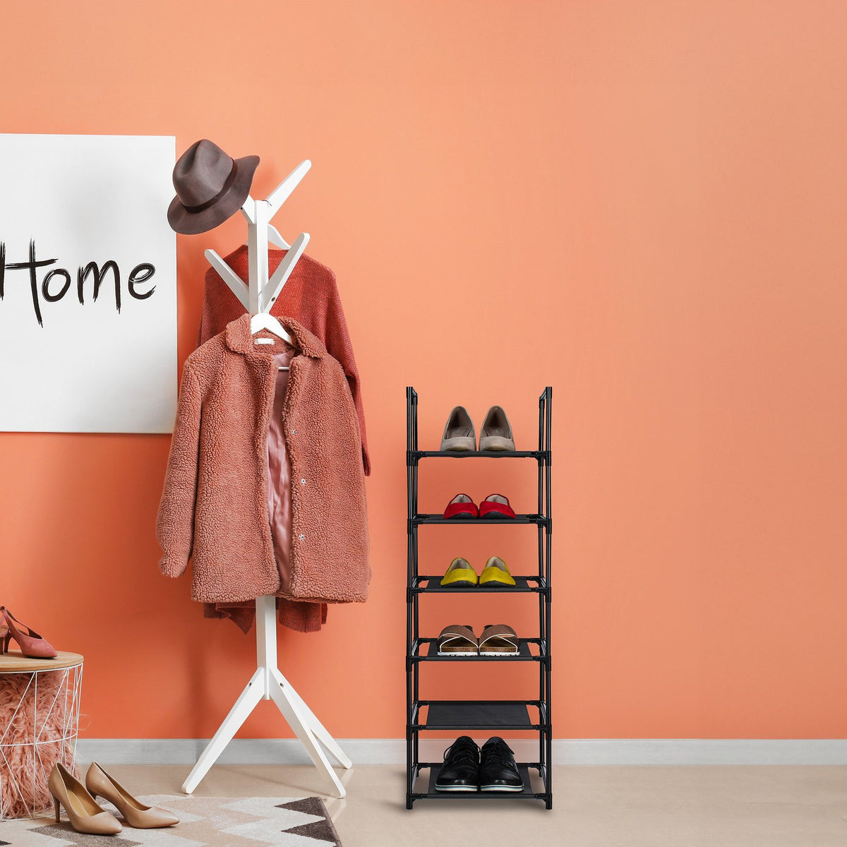 Narrow Shoe Rack with Fabric Shelves, Space-Saving Design